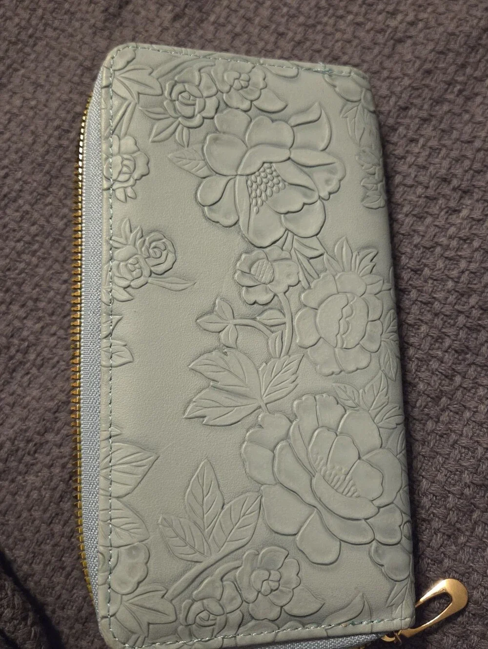 Light Blue Floral Embossed Vegan Leather Zip Around Long Wallet Organizer